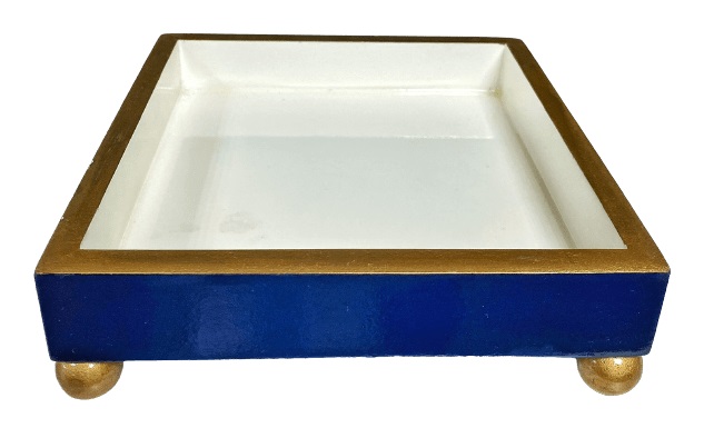 Bandejinha Madeira Azul Branco Dourado 17x17cm